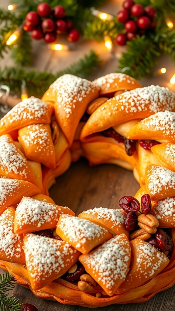 A festive Christmas wreath bread filled with cinnamon and nuts, dusted with powdered sugar, surrounded by holiday decorations.